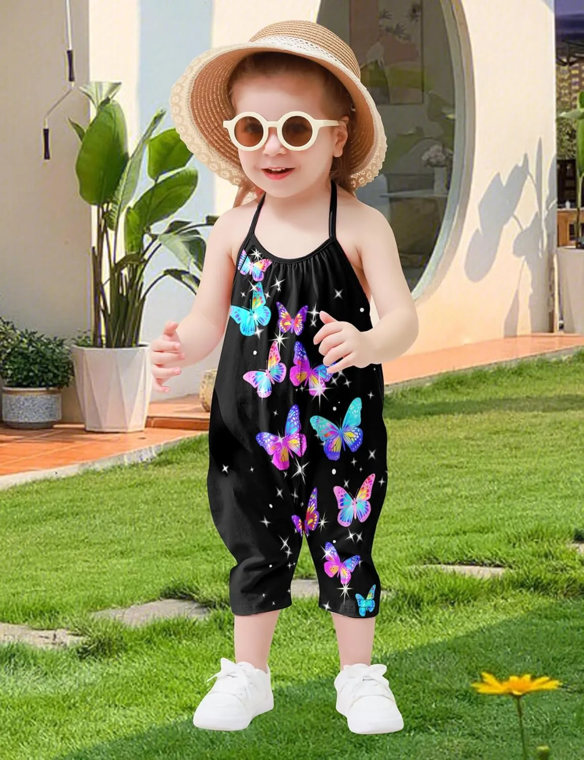 Backless Strap Slouch Jumpsuit for Toddler Girls Cute Harem Halter Romper Pants with Pockets
