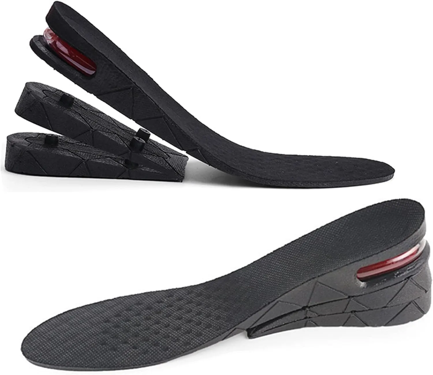 Height Increase Insoles 3 Layers, 1.2 to 2.4 Inches, Universal Breathable Non-Slip Shoe Lift Inserts, Variable Height Increasing Heel Protector Pads with Air Cushion for Women and Men, 1 Pair. (Black)