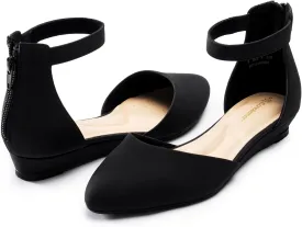 Women Flat Shoes with Ankle Strap, Low Wedge Heel Flats for Women, Comfortable Pointed Toe Dress Shoes for Work Business Wedding