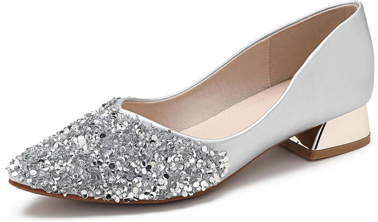 Women's Pumps, Closed Toe Chunky Heels for Women, Comfortable Work Pumps Shoes, Pointed Toe Rhinestones Dress Wedding Pumps for Women