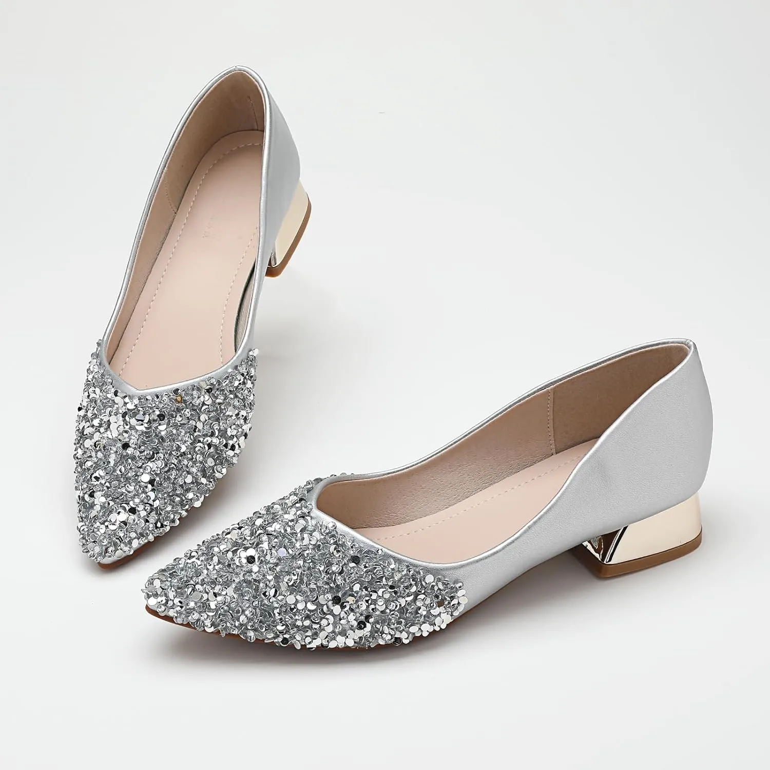 Women's Pumps, Closed Toe Chunky Heels for Women, Comfortable Work Pumps Shoes, Pointed Toe Rhinestones Dress Wedding Pumps for Women